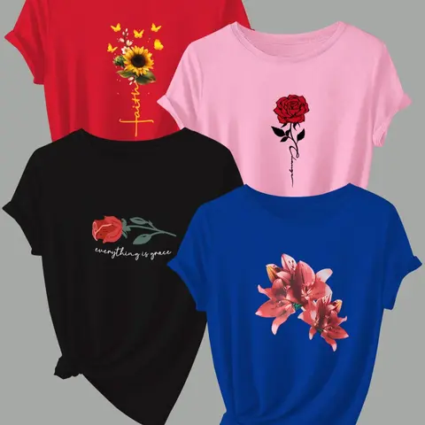 Women's Floral Print Round Neck Tee, Casual Tee Shirts Short Sleeve Crew Neck T-shirt for Spring & Fall, Fashion Women's Top for Daily Wear