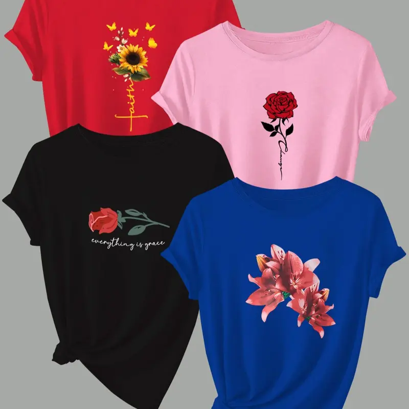Women's Floral Print Round Neck Tee, Casual Tee Shirts Short Sleeve Crew Neck T-shirt for Spring & Fall, Fashion Women's Top for Daily Wear