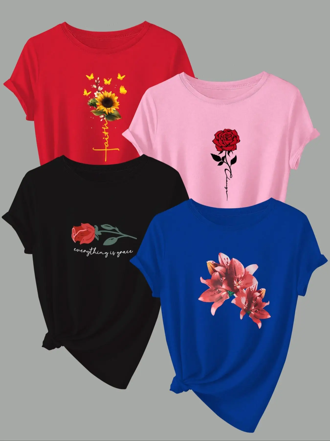Women's Floral Print Round Neck Tee, Casual Short Sleeve Crew Neck T-shirt for Spring & Fall, Fashion Women's Top for Daily Wear