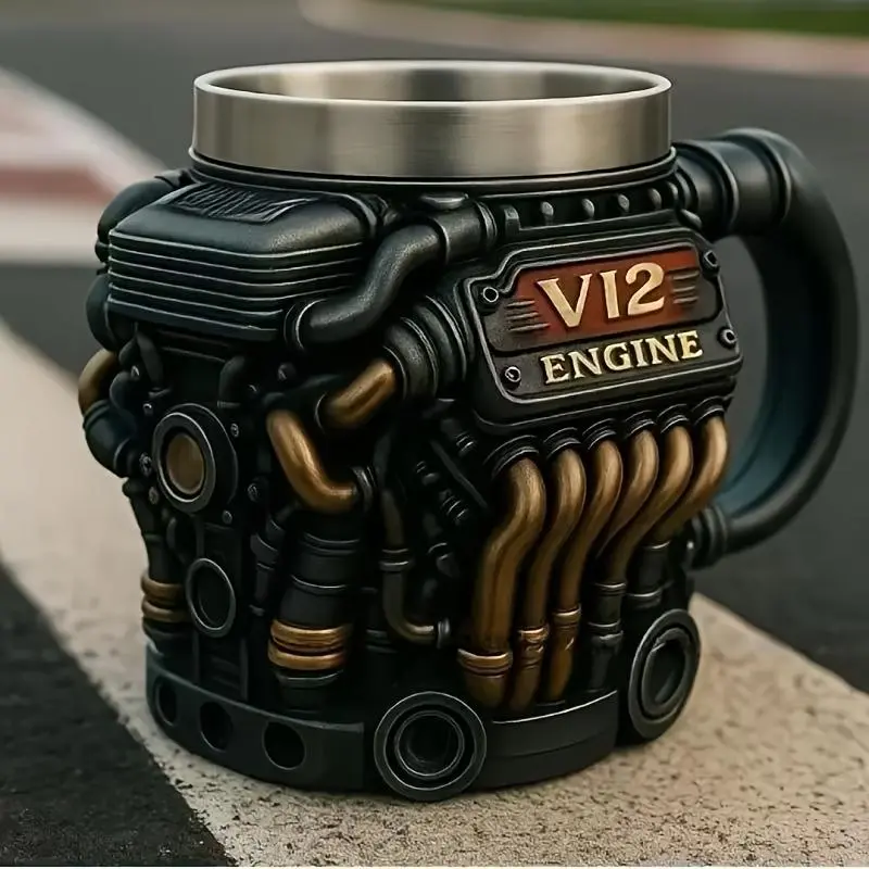 V12 Engine Resin Mug with Inner Liner, Simple and Unique Mechanical Engine Punk Stainless Steel, Suitable for Use in 9 Scenarios, 1 pc