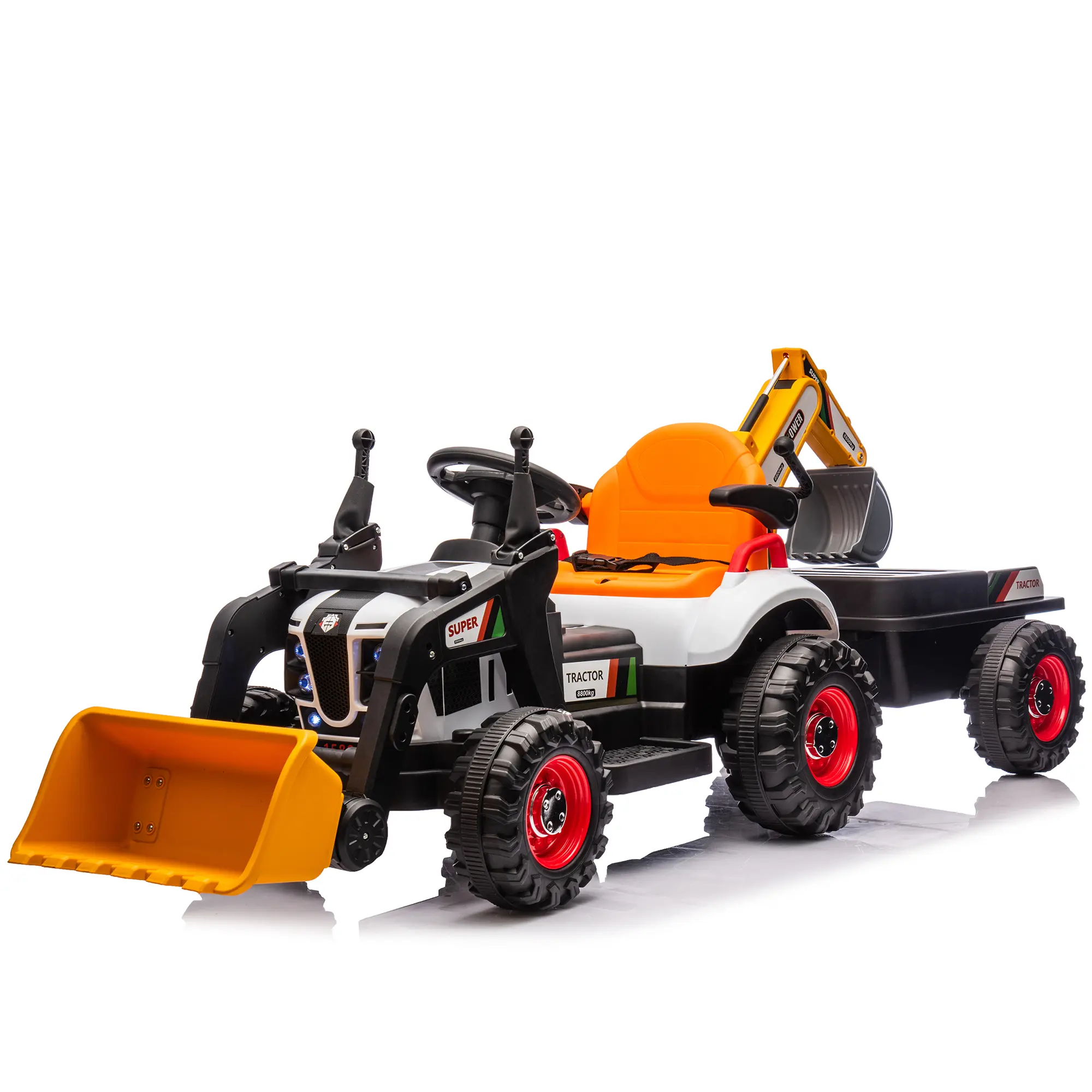 Mersco 24V Kids Ride-On Electric Tractor Toy with 4-in-1 Construction Attachments, Parental Remote Control, 3-Speed (1.86-3.6mph), 24V 80W Rear-Wheel Motors, Bluetooth Speakers, LED Tail-Lights, Emergency Stop Button, Realistic Design, Halloween Gift
