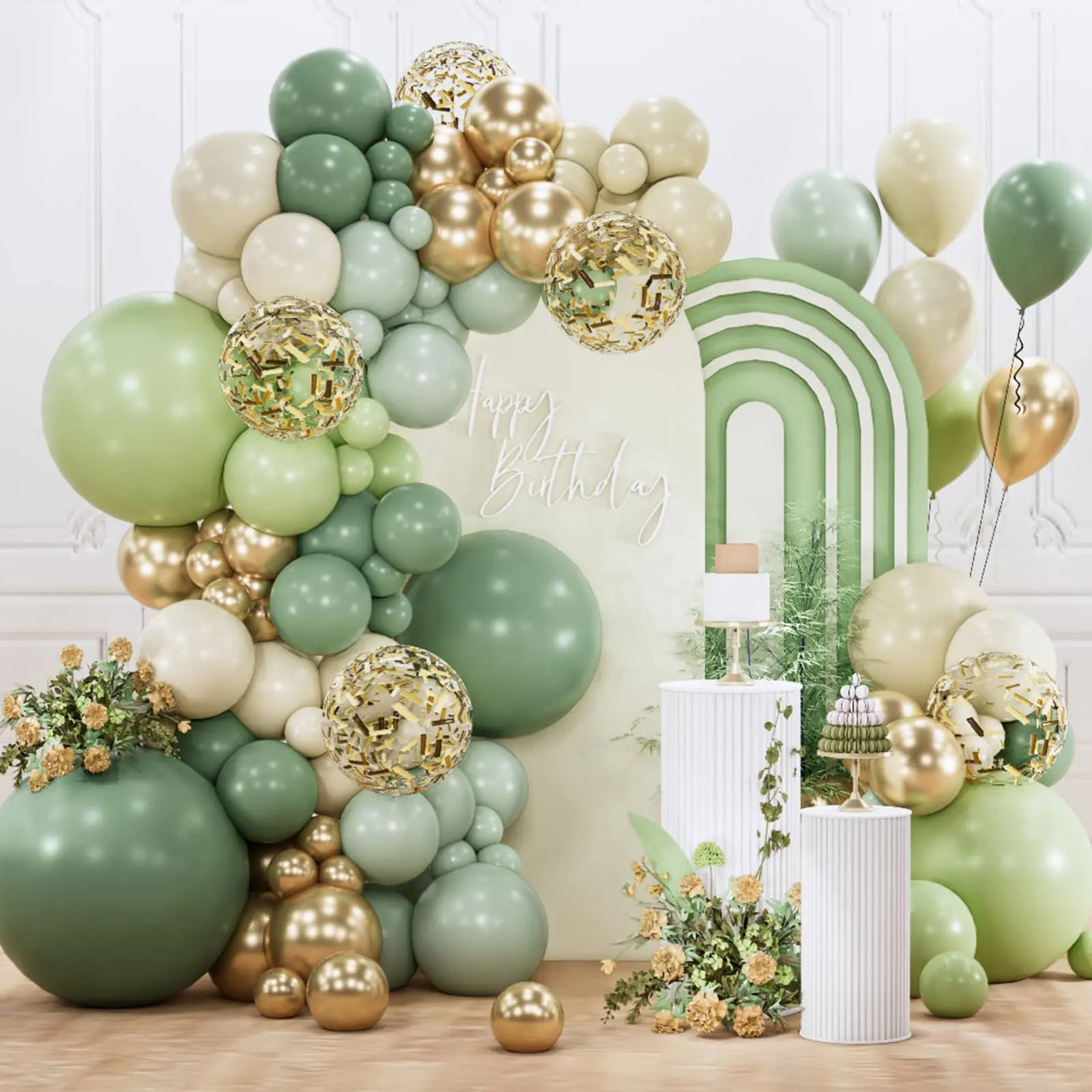 PartyWoo Sage Green Round Balloon Arch Garland Kit, 142pcs Hand-Inflatable Metallic & Non-Metallic 18/12/10/5in Olive Dusty Boho Green Set with Pump, Balloon Clusters, Birthday Theme Supplies for Graduation, Baby Shower, Balloon Clusters Balloons, Birthda