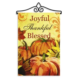 G128 Combo Pack Garden Flag Hanger 14IN & Garden Flag Joyful Thankful Blessed 3 Pumpkins 12x18IN Printed 150D Polyester