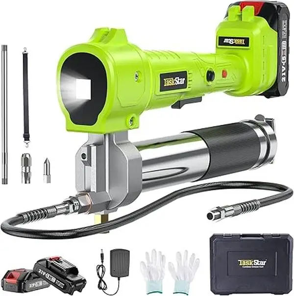 【TaskStar】Electric Grease Gun Kit, 39.4”Flexible Hose with 2 Batteries and Charger, 10000 PSI Cordless Grease Gun with Super Bright LED Light, For Tru