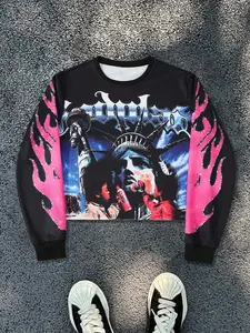 American Street Style Streetwear Unisex Graphic Crop Sweatshirt, Trendy Casual Long Sleeve Pullover for Fall & Winter, Fitted Round Neck Design