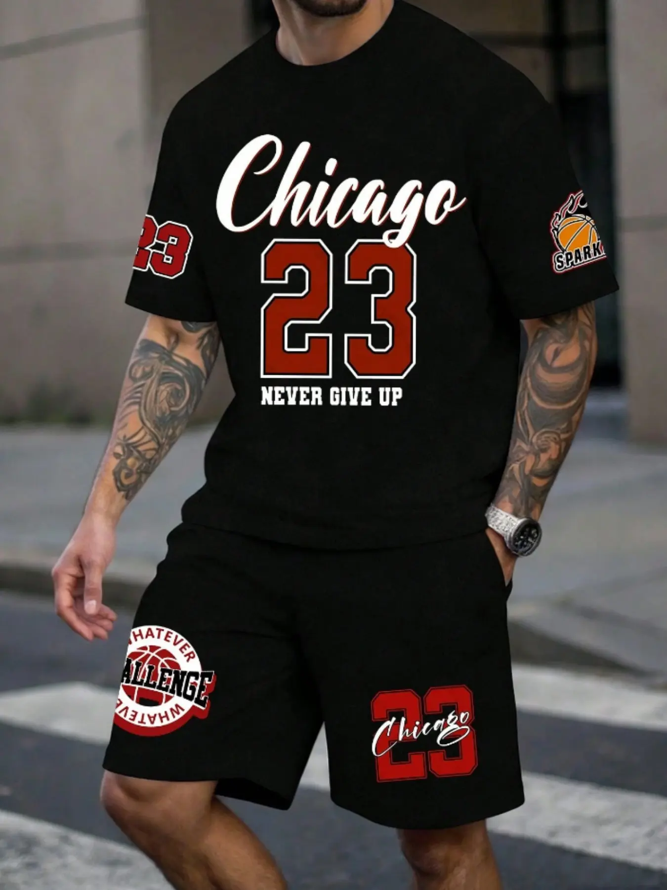 Bottom Contrast Chicago Print Two-Piece Set, Short, menswear, Basketball Element Design, Street Sports Style, Fitted Casual Wear, All Seasons