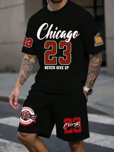 Bottom Contrast Chicago Print Two-Piece Set, Short, menswear, Basketball Element Design, Street Sports Style, Fitted Casual Wear, All Seasons