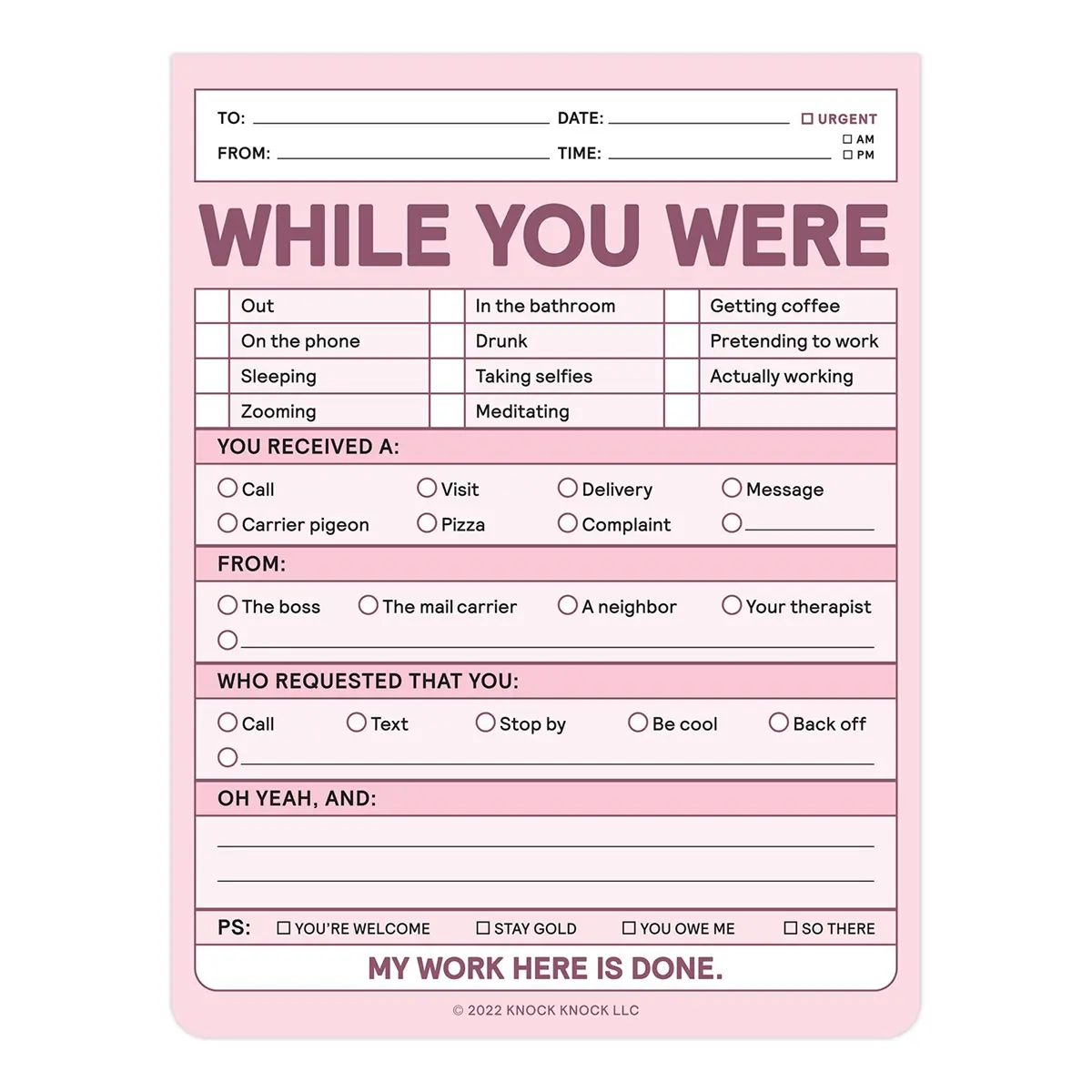 Knock Knock Funny While You Were Away Notepad - 50-Sheet Office Stationery Paper Pad with Check Boxes, 4 x 5.25 Inches Notes Notebook for Roommates, Office & Home Message Sharing