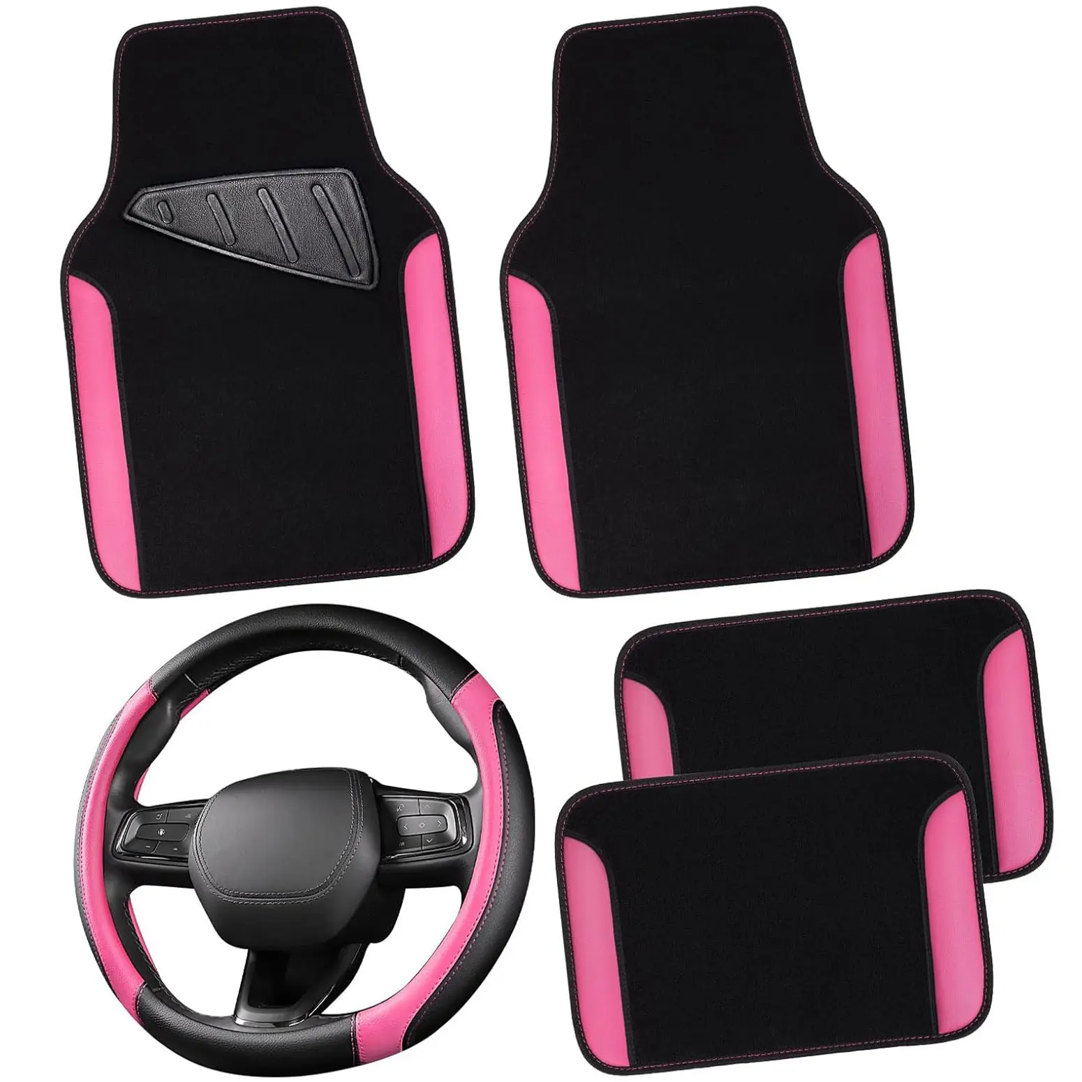 Pink&Black Car Floor Mats+Steering Wheel Cover