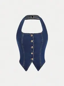 Button Front Halter Neck Denim Top - Slim Fit Sleeveless Crop Top for Country Concerts - Y2K Style, Asymmetrical Hem, Breathable Denim Fabric