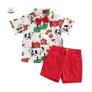 Kids Boys 2Pcs Outfit Cartoon Animal Print Shirt Bow Tie Solid Color Short Sleeve Shorts
