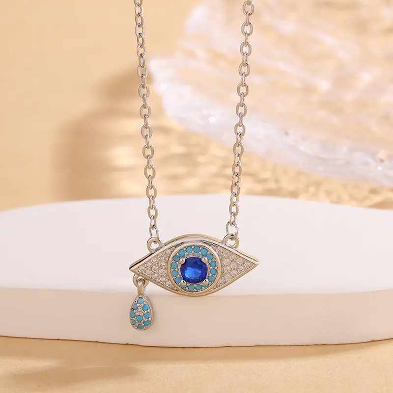 Women Turkish Evil Eye Pendant Necklace, Blue & Teal Tone Stone Inlaid Dainty Necklace, Silver Gold Two Tone Layering Jewelry Gift For Women