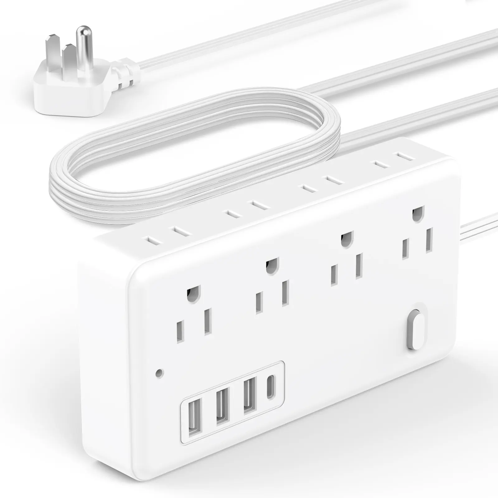Surge Protector Power Strip, 5/10 FT Extension Cord with 8 AC Outlets & 4 USB Ports (1 USB C), Wall Mount, Flat Plug Charging Station, 1700 Joules Surge Protector for Home Office, White