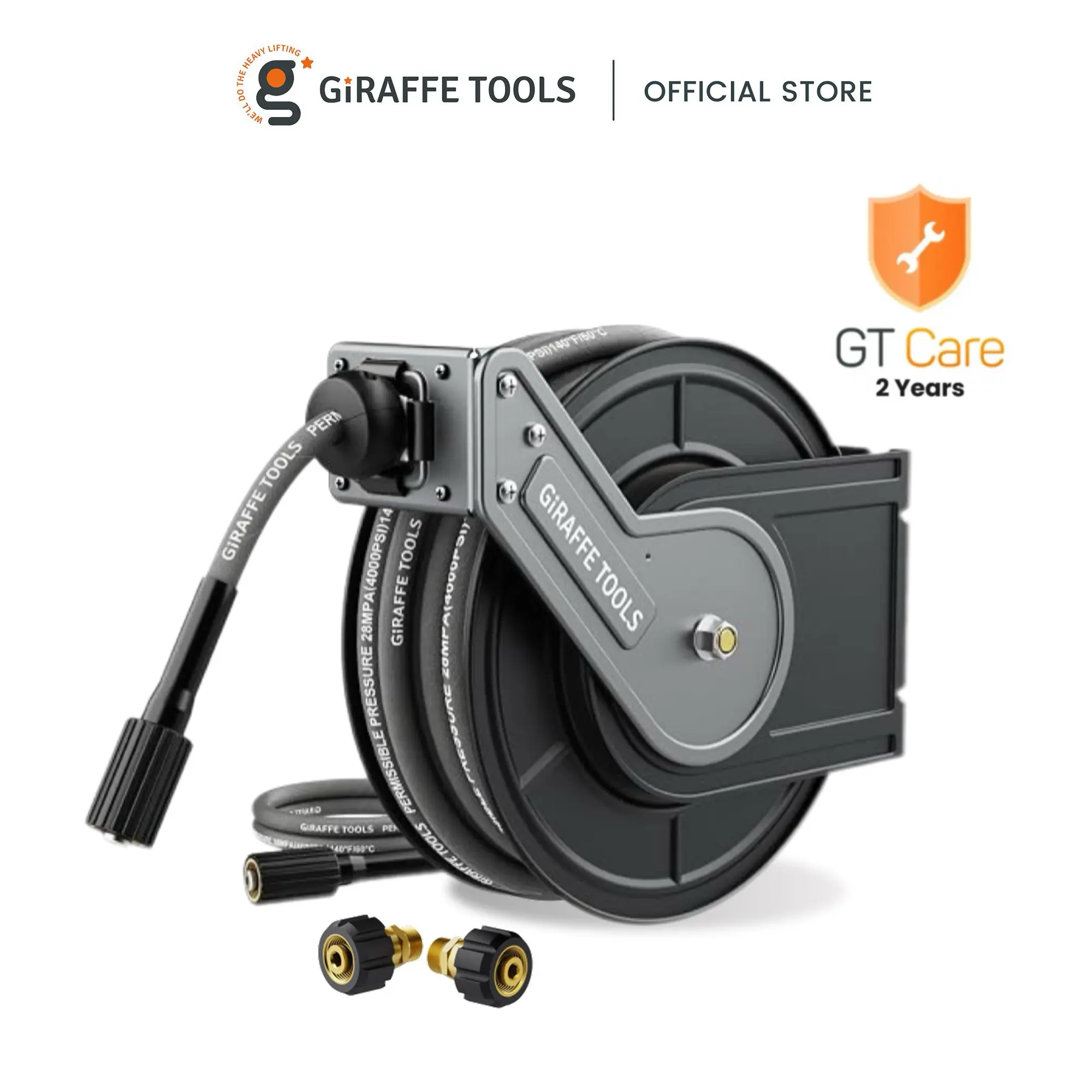 [BackToSchool] Giraffe Tools Retractable 4000PSI Pressure Washer Hose Reel 60ft 1/4", Automatic Rewind for Organized Power Washer Hose Reel Storage, Wall/Floor Mount Design Hose for Power Washers, Lockable at Any Length, 2 years warranty