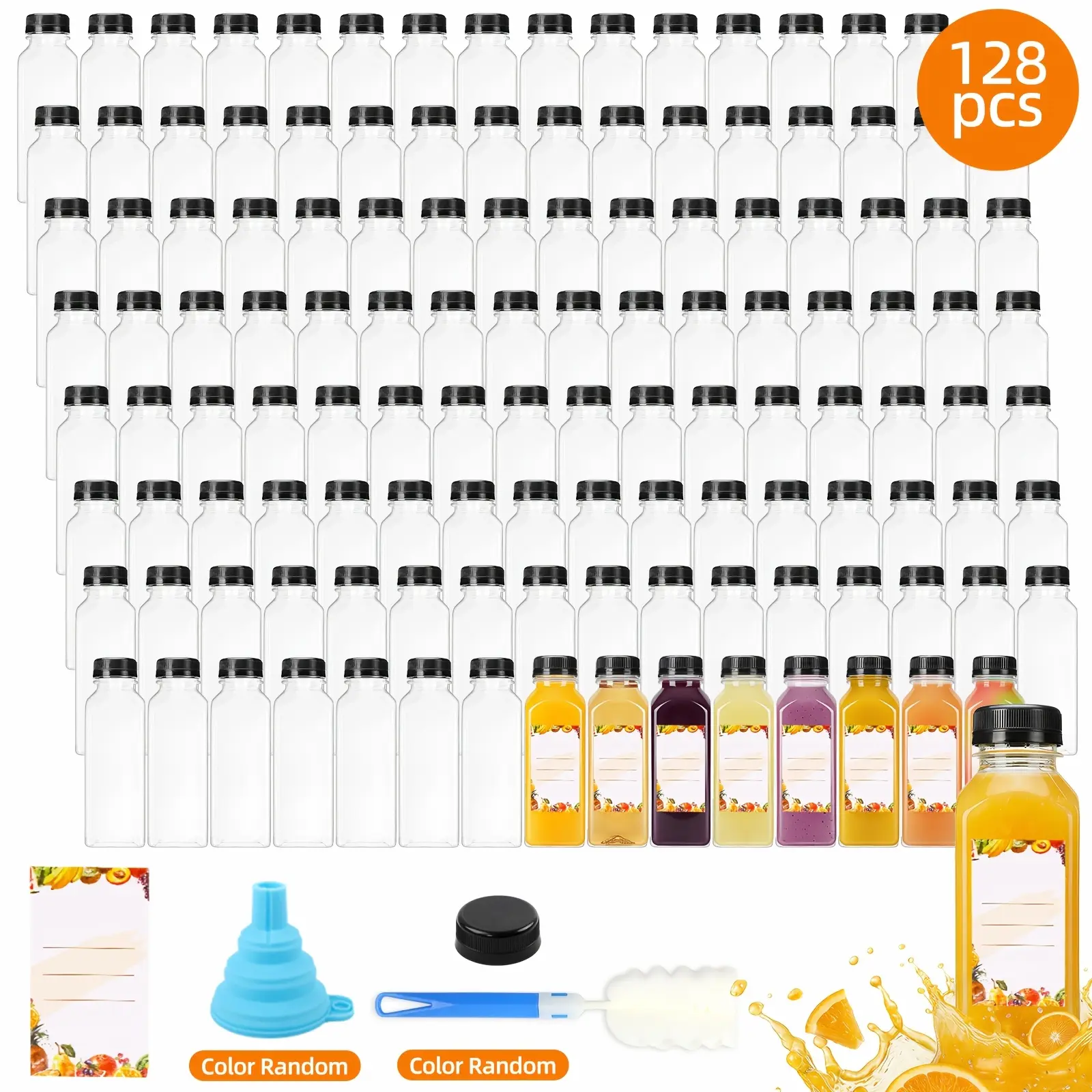 128pcs Plastic Juice Bottles with Caps, Refrigerator Juice Container with Lid, Reusable Container And Clear Beverage Bottle Can Hold Juice, Smoothies, Good Sealing, Bottles for Parties, Gatherings, Birthday Parties Outdoor Using. Funnel & Brush