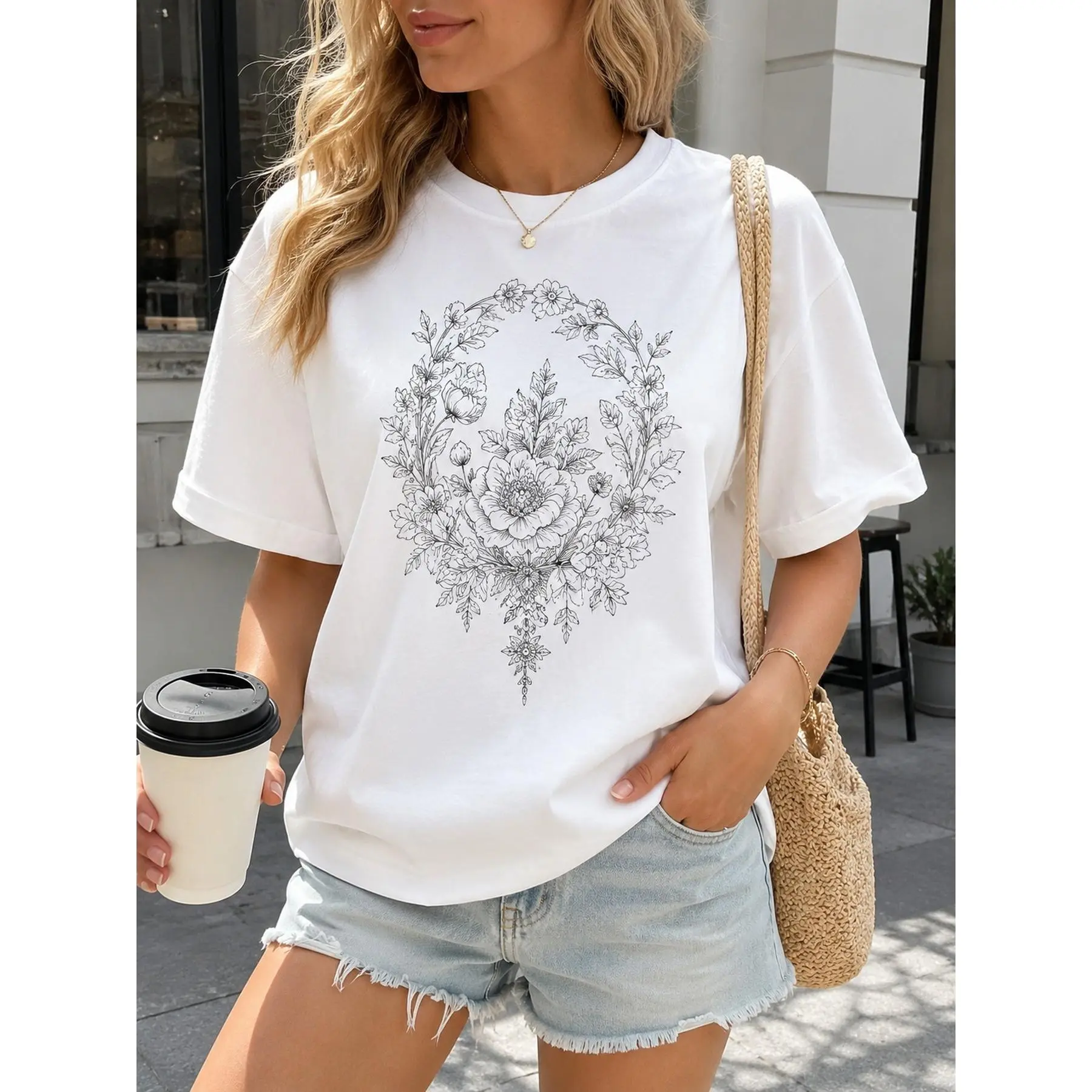 Army Green Graphic T shirt, Floral Wreath Print Tee, Botanical Illustration Top, Casual Crew Neck Short Sleeve Shirt, Relaxed Fit Summer Essential, Everyday Basic Apparel, Comfortable Women Fashion, Nature Inspired Patterned Clothing