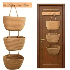 Three-Tier Wall-Mounted Woven Basket with Hook, Hanging Baskets, Foldable Dustproof Storage, No Drilling Needed Multifunctional Storage, Natural Rope Design, Multi-Purpose Organizer, Bathroom Storage Rack