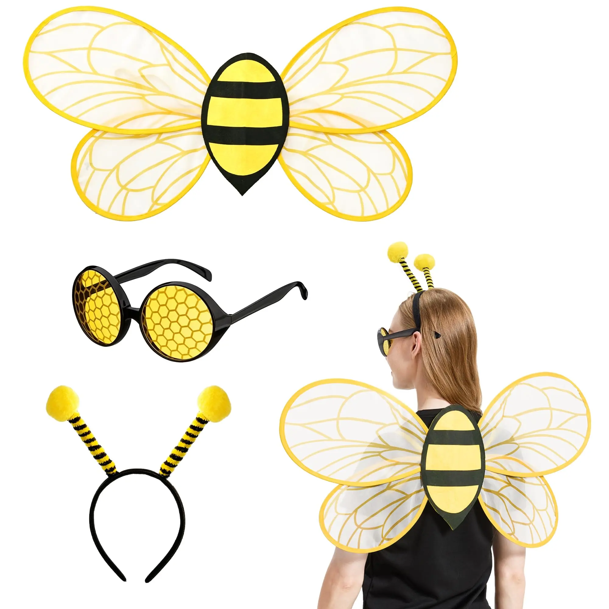 Playful Bee Accessory Set for Women, Quirky 3-Piece Cosplay Gear with Wings, Antenna Headband, and Party Glasses, Bee Theme, Halloween Costume, Bee Wings