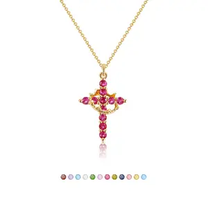 Birthstone Cross with Crown Necklace for Women Christian Faith Jewelry Dainty Cubic Zirconia Pendant Religious Gifts