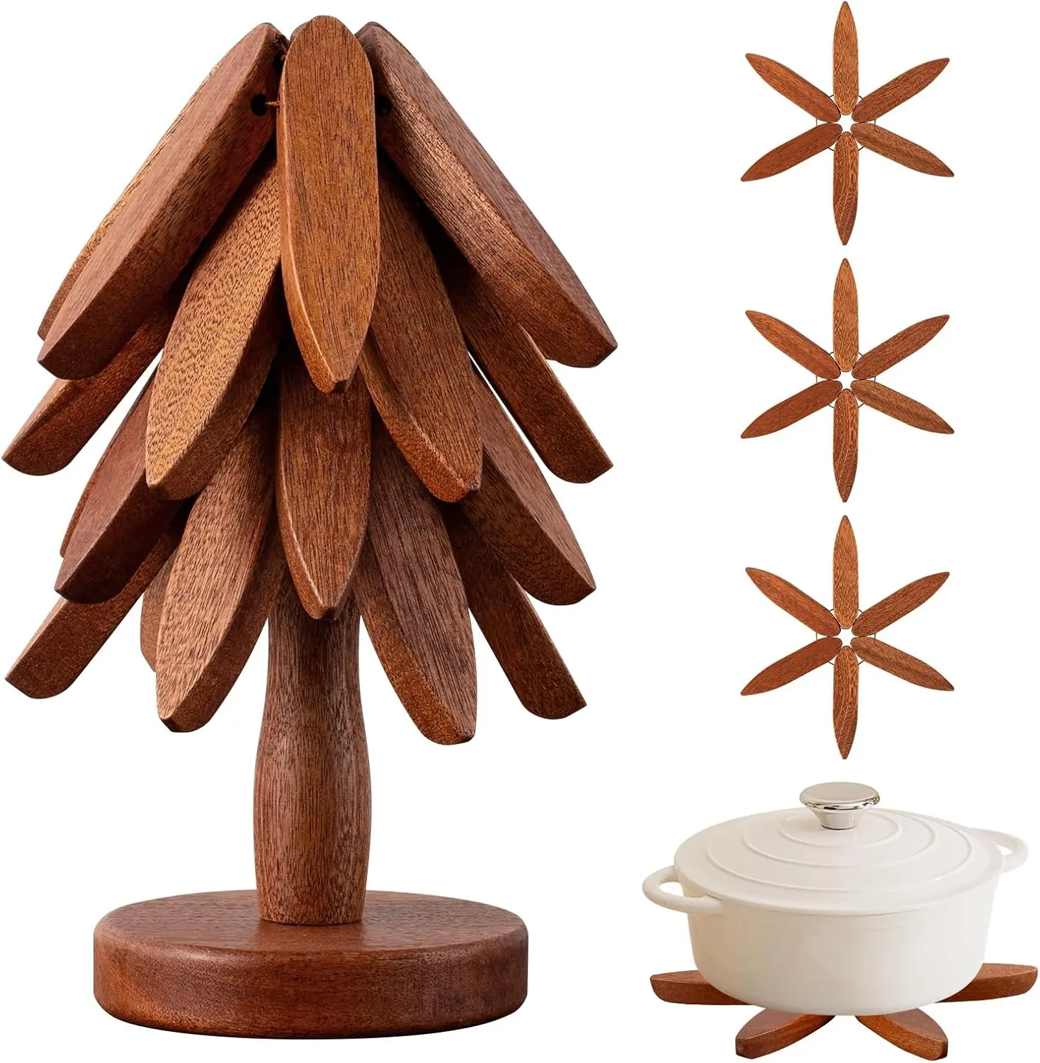 Tree Shape Walnut Wooden Trivet Set - 4 Trivets & 1 Stand, Heat-Resistant, Foldable, Durable Solid Wood, Kitchen Home Decor, Hot Dishes/Pots/Teapots Coasters, Ideal Gift Idea