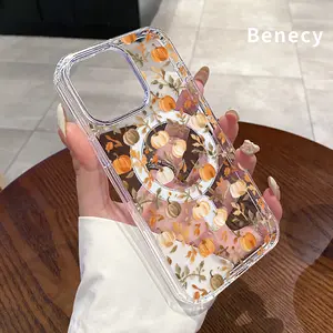 Transparent Case for iPhone 15 16 14 Pro Max 13 12 11 XR XS Plus  E Pumpkin Leaf Symphony  Strong Magnetic Attraction Acrylic Back Soft Edges Full Coverage Back Cover