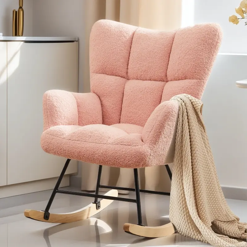 Boho Accent Pink Rocking Chair Teddy Upholstered Glider with High Backrest Recliner Function Foot Rest for Living Room Small Spaces Bedroom Nursery Reading Chair M