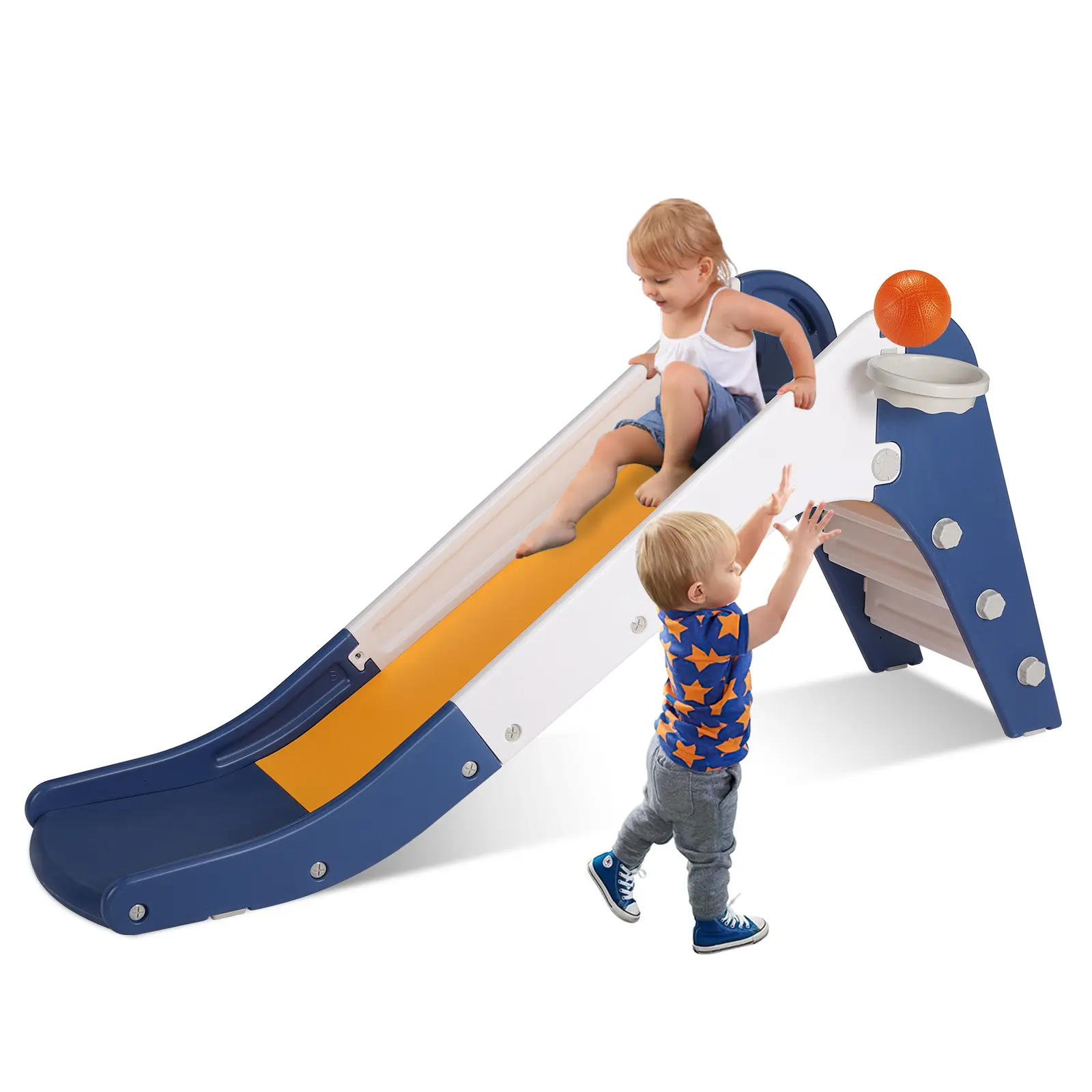 Arlopu Freestanding Kids Slide, 3 in1 Toddler Slide Climber with Basketball Hoop & Ball, Baby Playset w/Long Slope homeessentials
