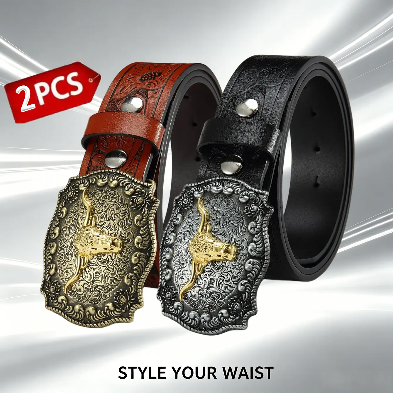 2PCS Western Cowboy Belts with Bullhead Buckle | Tooling Leather Set detail