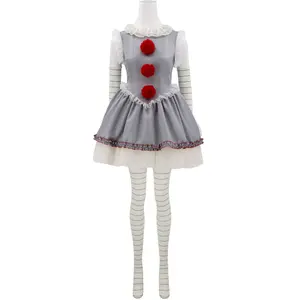 Women‘s Gray Clown Dress Costume with Leggings and Sleeve Covers for Halloween