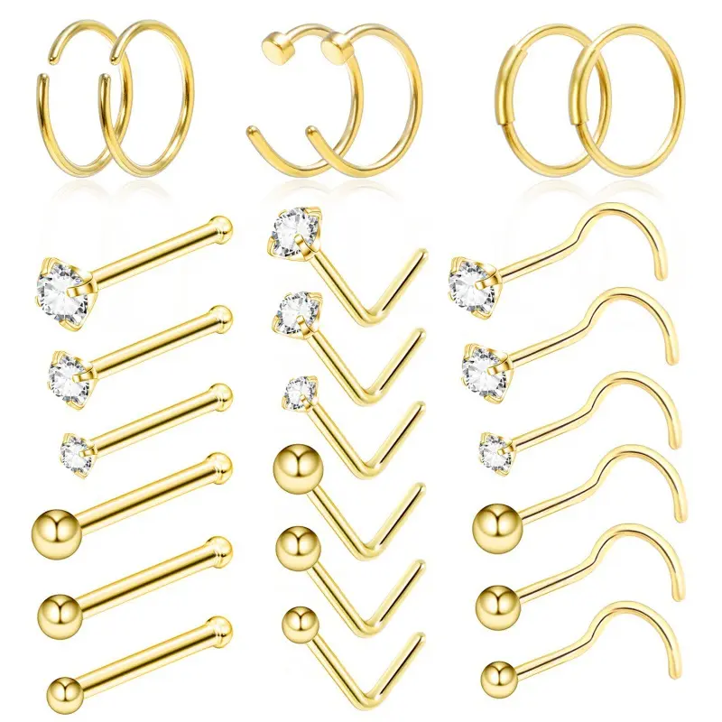 Women's 21pcs 316L Stainless Steel Rhinestone Nose Piercings Kit - Hoops, Funky Punk Studs, Septum Jewelry, Body Jewelry Gift Accessory