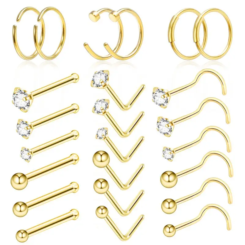 21pcs/set 316L Funky Stainless Steel Rhinestones Decor Nose Ring, Punk Nose Stud Set For Women & Girls For Gift, Body Jewelry For Body Decoration