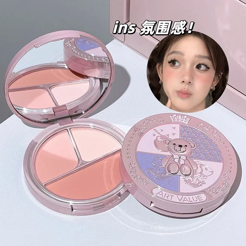Three-Color Blush Palette Korean Style Contour Highlight All-in-One Matte Multi-Use Rouge Makeup Cosmetic Guava Sweet Tea 01# for Makeup Art and Daily Use