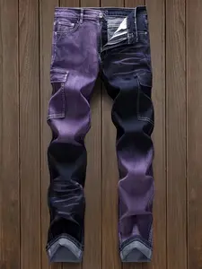 Men’s straight-leg distressed jeans with purple patchwork, European/American fashion trend