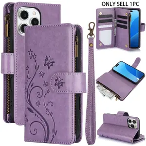 Floral Pattern Phone Case with Card Slot & Lanyard, Zipper Wallet Design Phone Case, Phone Accessories for iPhone, Cover, Phone Accessory Compatible