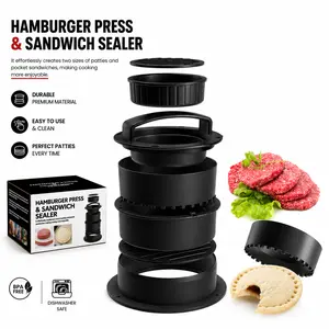 4-in-1 Burger Press Patty Maker – Sandwich Cutter and Sealer Set for Barbecue & Home Cooking, Adjustable Burger Mold for Perfect Patties