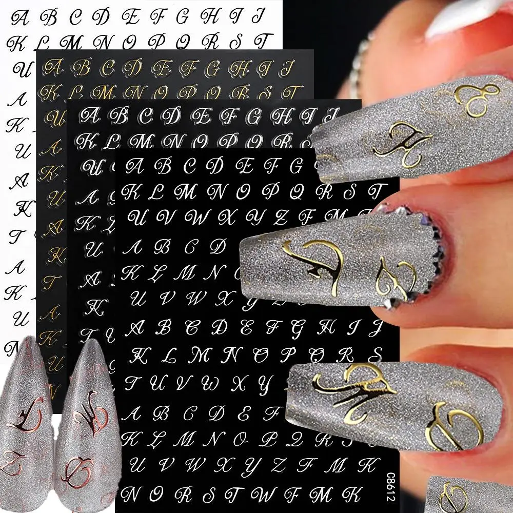 4Sheet/Set Roman Letter Nail Stickers 3D Laser Gold/Silver/Black/White Letter Nail Decal DIY Old Alphabet Manicure Slider NK*4