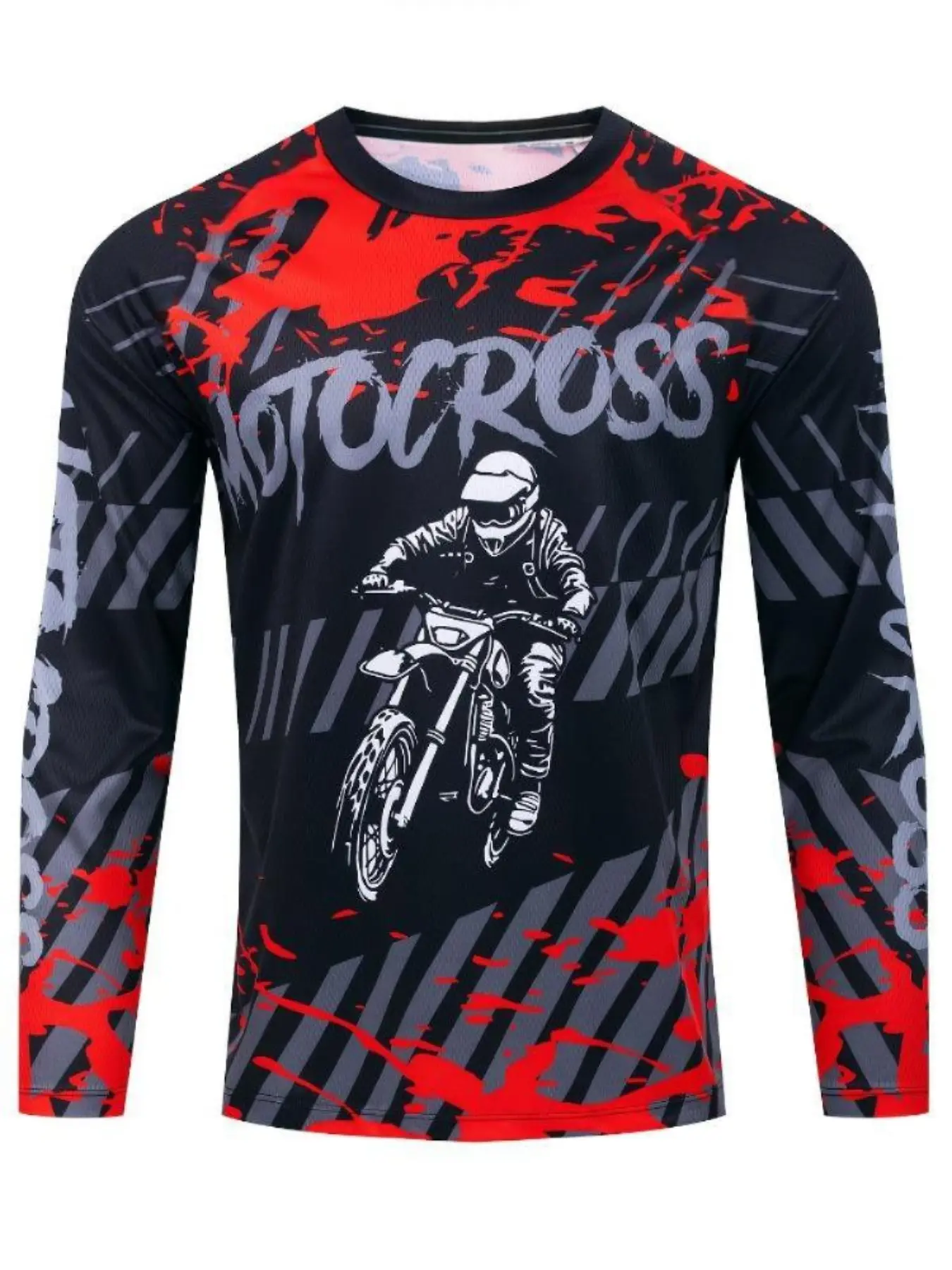 Men's Motocross Jersey - Black & Red Geometric Design, Long Sleeve, Knit Fabric, Ideal for Downhill, Cycling, Off-Road & Mountain Biking, Mountain Bike Jerse, Motorcycle Jersey, Sports Jersey, Sport Outdoor Clothing