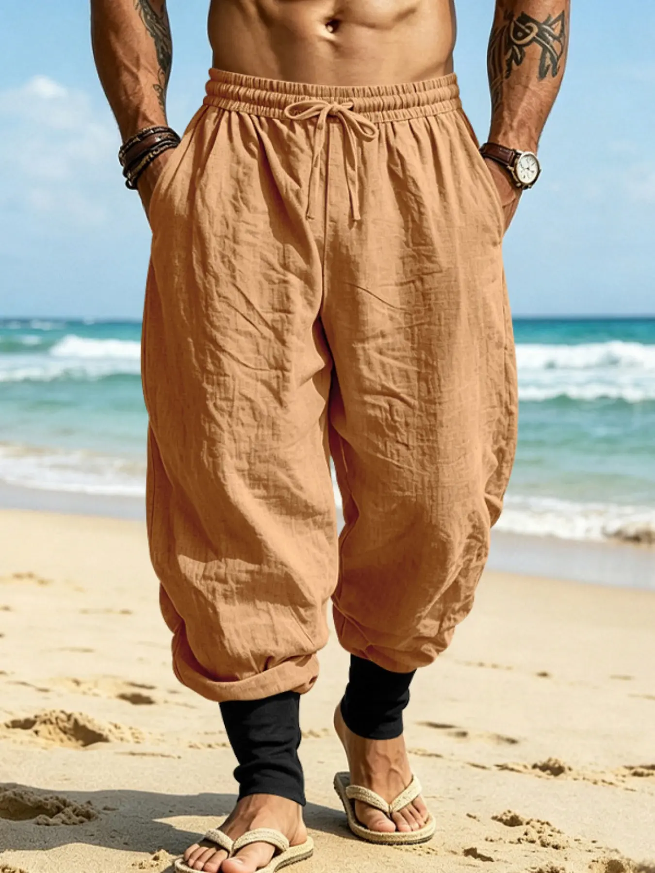 Men's linen long pants, elastic waist drawstring beach pants, summer commuting and casual wear, casual comfy fit, loose harem pants, with rolled cuffs at the bottom, Pockets, trendy and fashionable style, daily comfortable sport pants