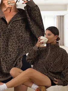 Women's Casual Zippered Long-Sleeved Leopard Print Sweatshirt Brown Asymmetrical Neck Drop Shoulder Regular Fit Oversized Fall/Winter Clothing