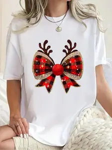 100% Cotton Christmas Coquette Bow Reindeer Nose Pattern Womens Festive T-Shirt Print Round Neck Short Sleeve Streetwear Fashion Breathable Homme Soft Unisex Designer Clothes For Women Casual Clothes