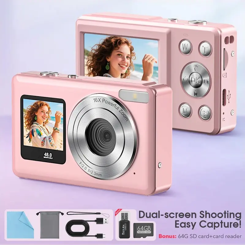 HOTU Dual Screen Selfie Camera Mini Y2K Pocket Camera Digital Zoom Rear & Front Lens Rechargeable Type-C Fast Charging Easy Button Control Built-in Filters 32/64G Card Included Pink Memory Gadget for Kids Teens & Vlogging