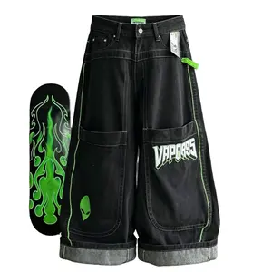 Women's Baggy Denim Jeans - High Waist Wide Leg Loose Fit Jeans with Alien Embroidery Green Neon Stitch, Y2K Streetwear Casual Outfit