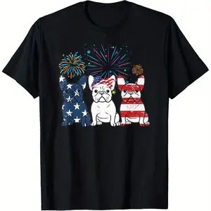 French Bulldog American Flag 4th of July Graphic Cotton T-Shirt, Holiday Casual Tee Ideal Gift