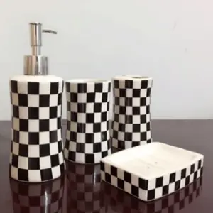 Four Piece Black and White Check Ceramic Bathroom Accessory Set