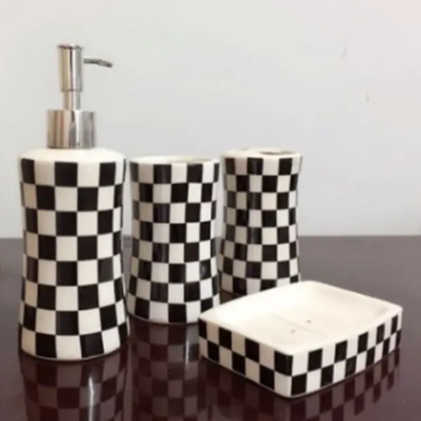 Watson Bathroom Accessories 4-Piece Retro Classic Black and White Checkered Ceramic Accessory Set, Elegant Bathroom Decor, Smooth Finish, Includes Soap Holder and Toothbrush Holder, Checkered Bathroom Accessories