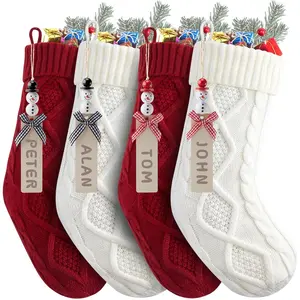 Personalized 18 Inches Hanging Christmas Stockings 4 Pack Large Size Knitted Stockings with DIY Snowman Name Tags for Mantels Christmas Tree Family Holiday Decor Red and White