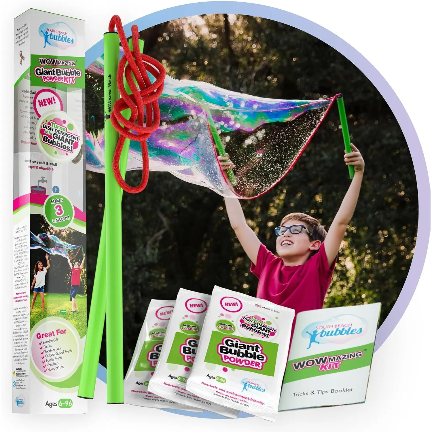 WOWmazing Giant Bubble Powder Kit: Include Large Bubble Wand and 3 Packet of Big Bubble Powder (Makes 3 Gallons)| Outdoor Toy for Kids, Boys, Girls| Powder Made in USA