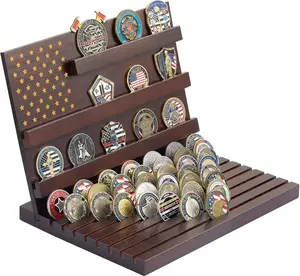 Challenge Coin Display, Military Coin Holder Display Stand, Solid Wood 3+9 Tier Coin Display Rack Holds Up to 80 Coins, Deep Grooved Slotted Stand for Army Navy Veteran Collection (Walnut)