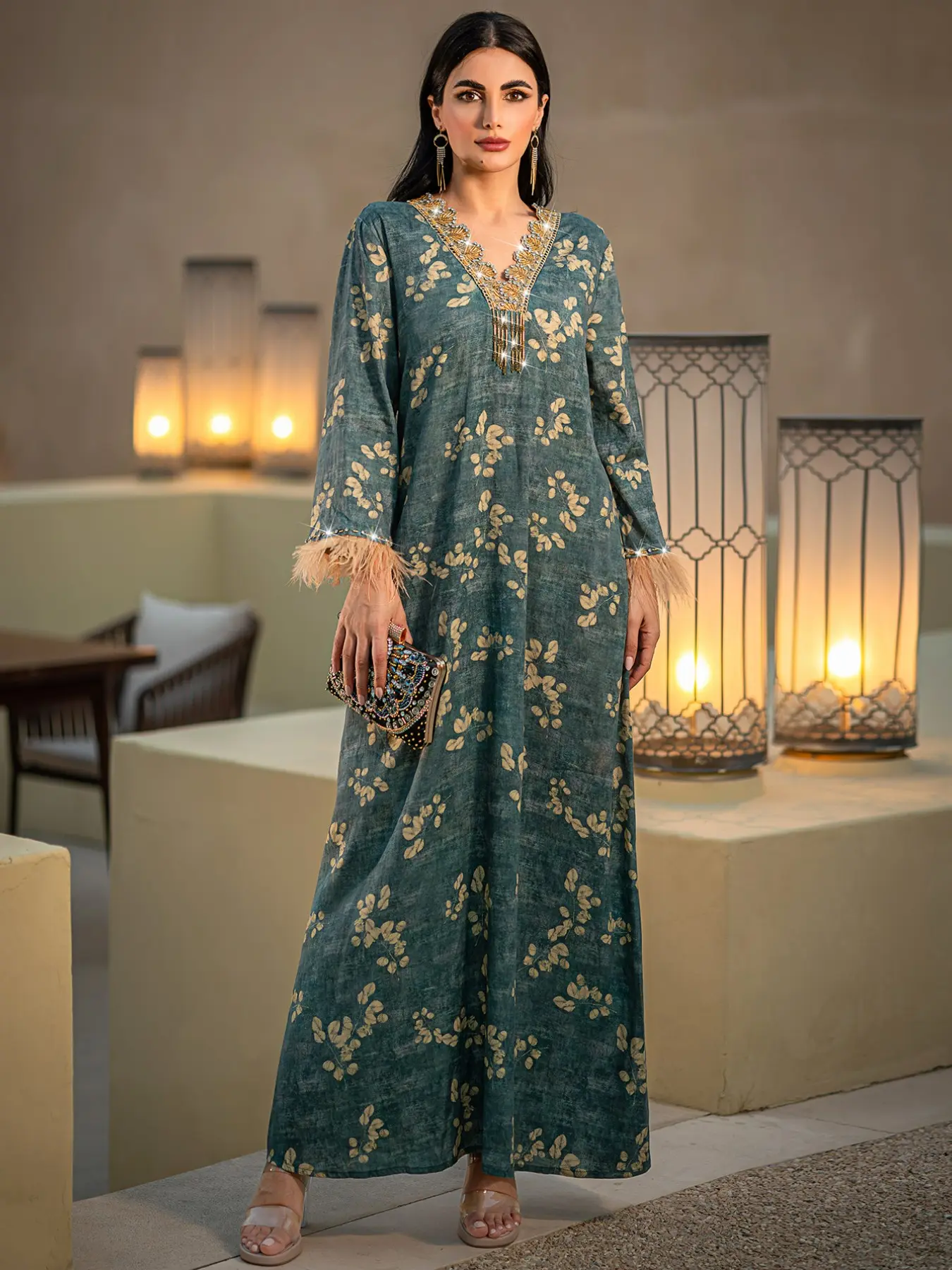 Luxurious Hand-Stitched Dress, Middle Eastern Long Sleeve Robe Gown, 5074 Print Design, Elegant Evening Wear, Formal, Women's Fashion Clothing