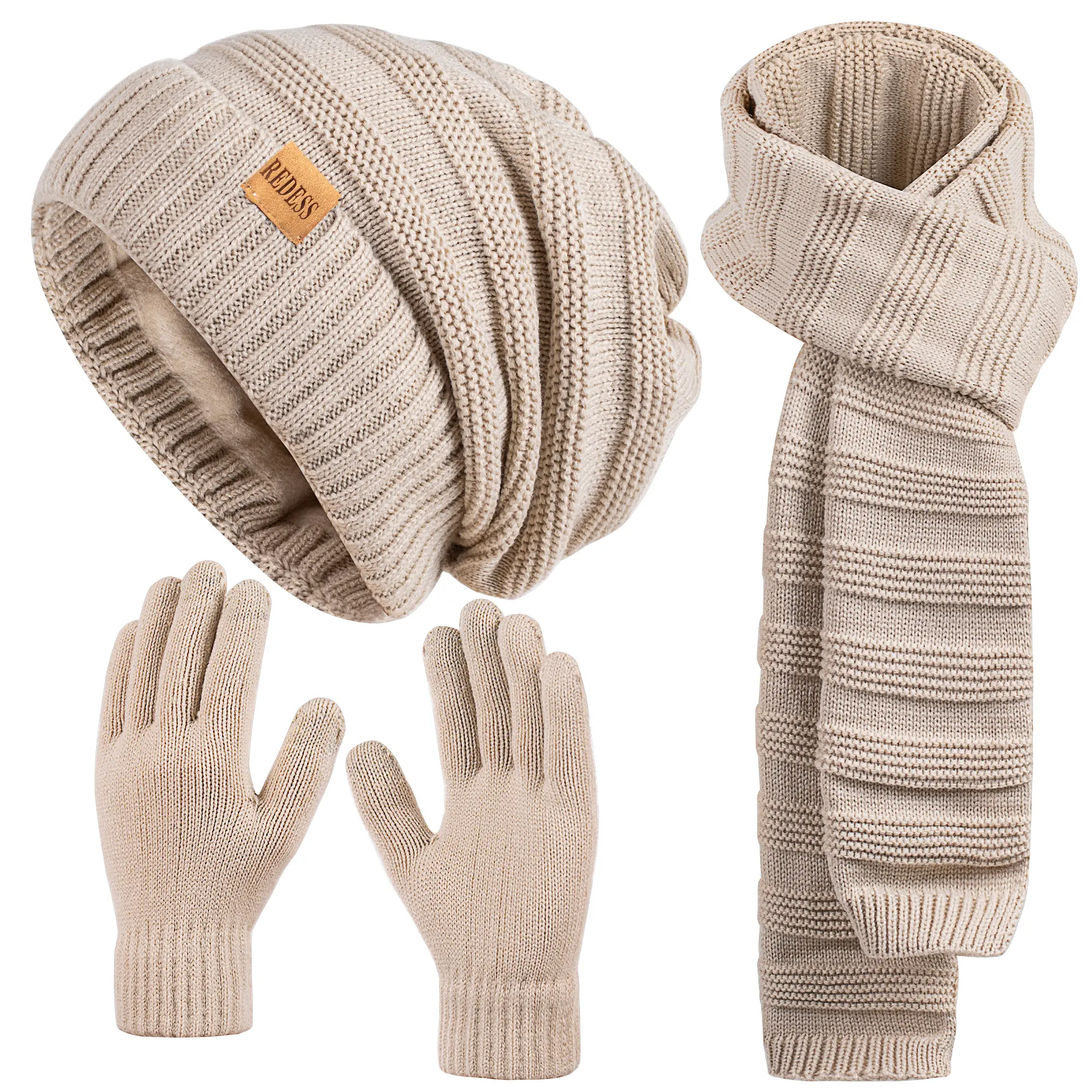 REDESS Women's Fleece-Lined Knit Fashion Accessories - 3-Piece Female Set Includes Loose Hat, Scarf & Thick Warm Gloves, Set Includes Hat Scarf Gloves